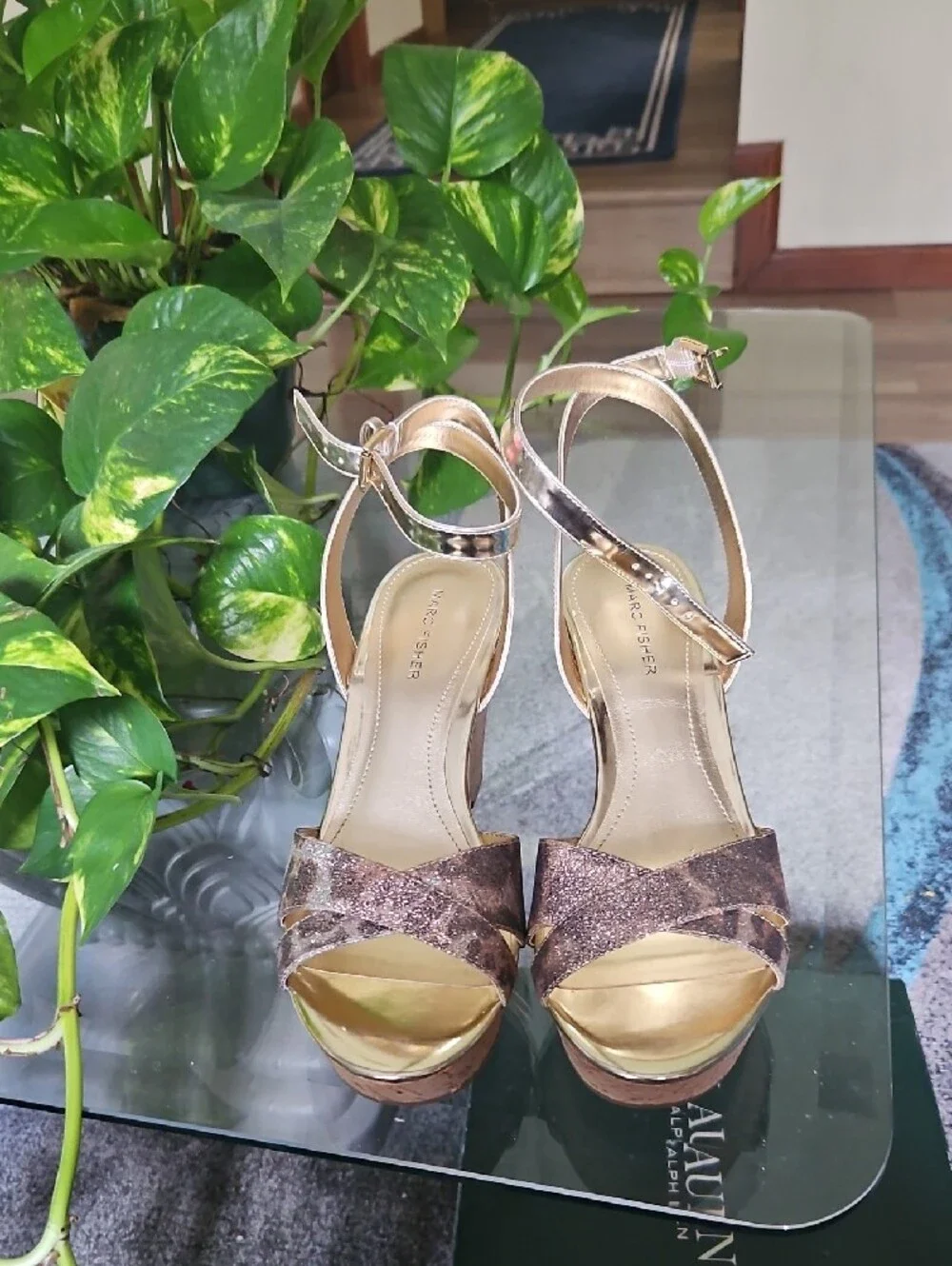 Marc Fisher Pink Gold Glitter Platform Sandals